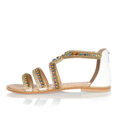 White leather bead embellished sandals